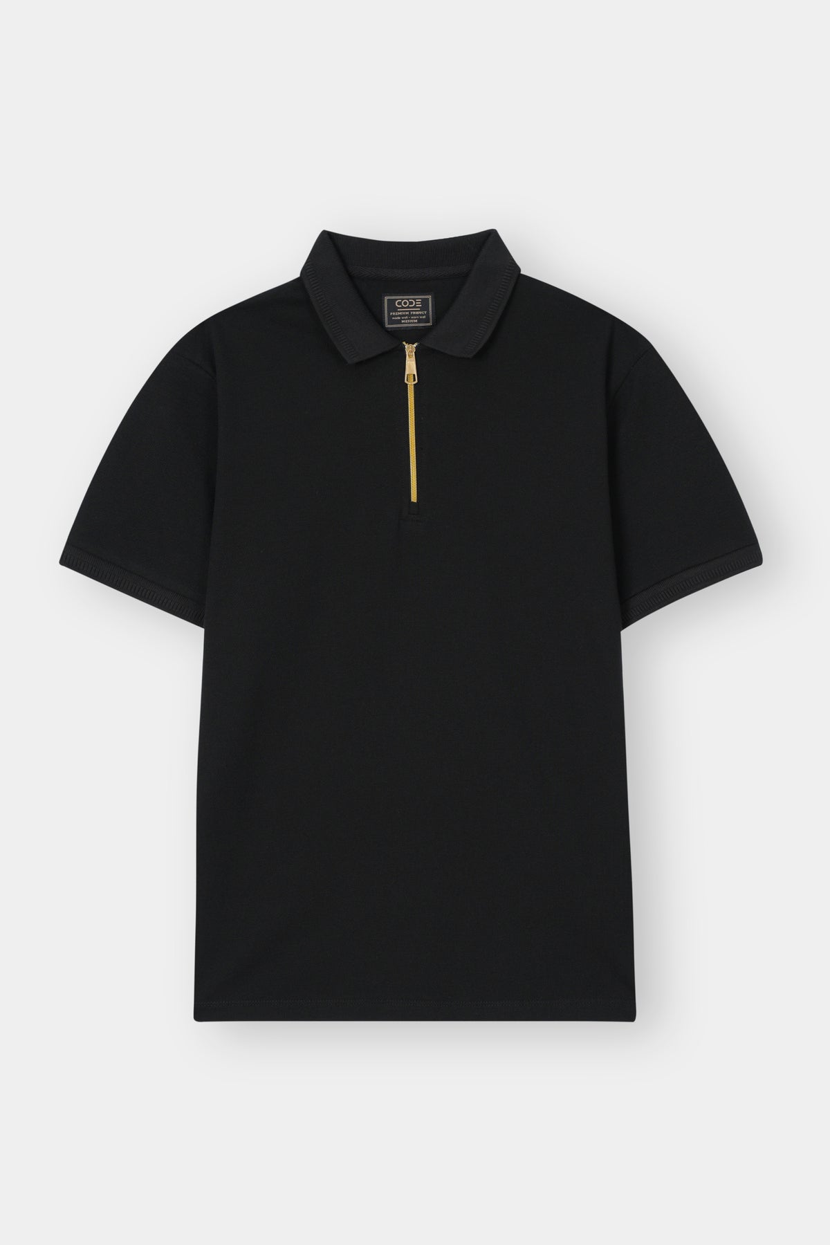 BLACK PIQUE ZIP POLO SHIRT