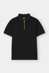 BLACK PIQUE ZIP POLO SHIRT