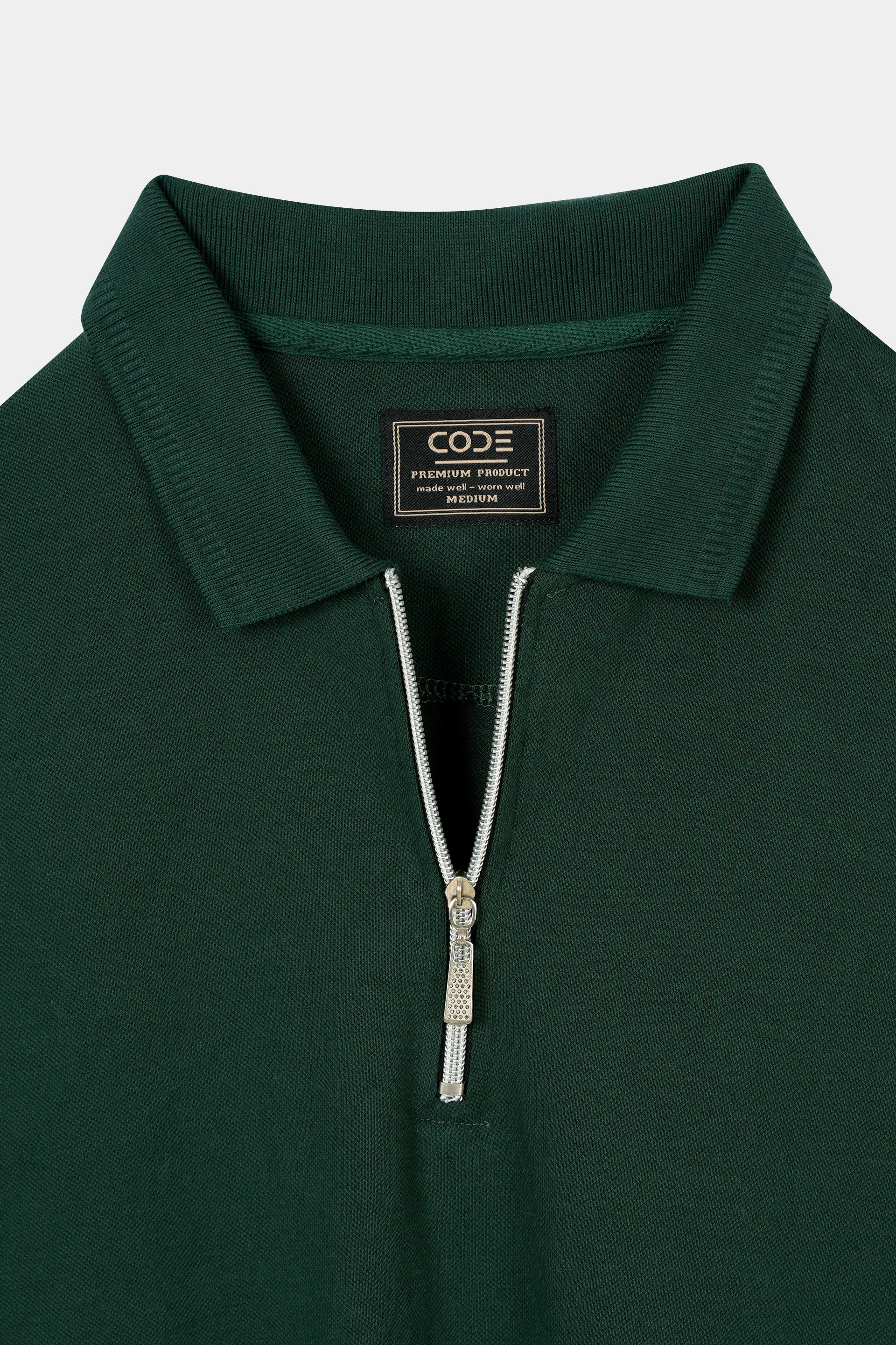 GREEN PIQUE ZIP POLO SHIRT