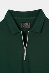 GREEN PIQUE ZIP POLO SHIRT