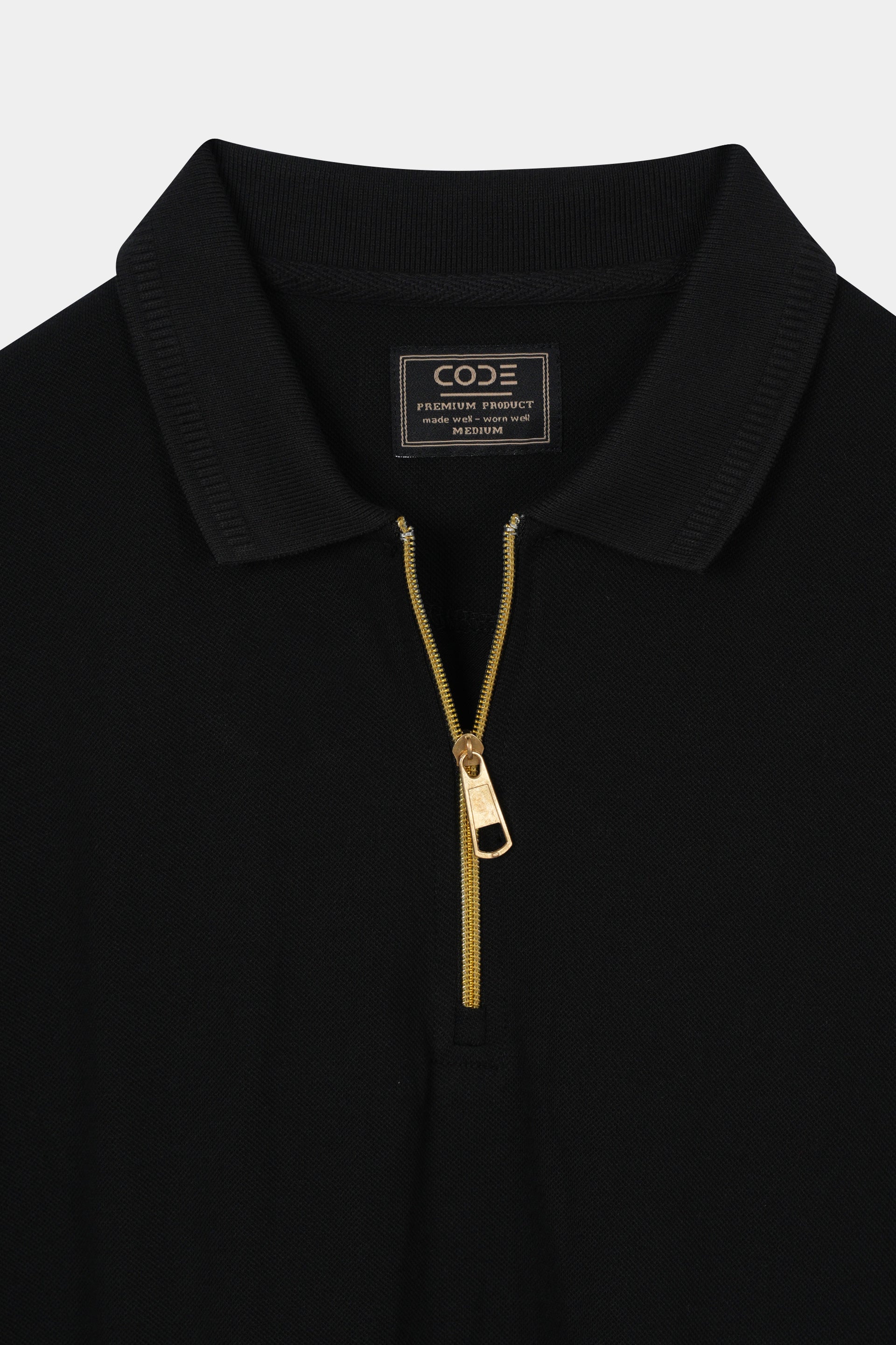 BLACK PIQUE ZIP POLO SHIRT
