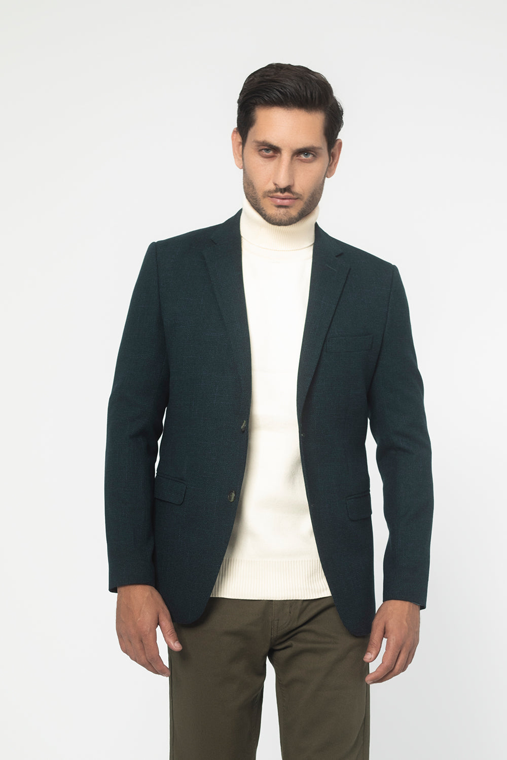 GREEN REGULAR FIT WOOL RICH HERRINGBONE BLAZZER