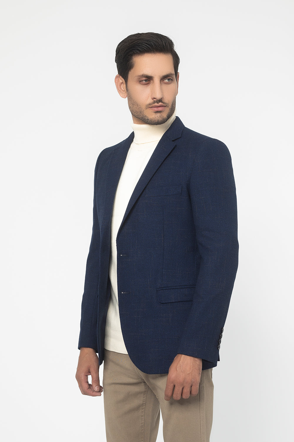 BLUE TEXTURED REGULAR FIT WOOL RICH HERRINGBONE BLAZZER