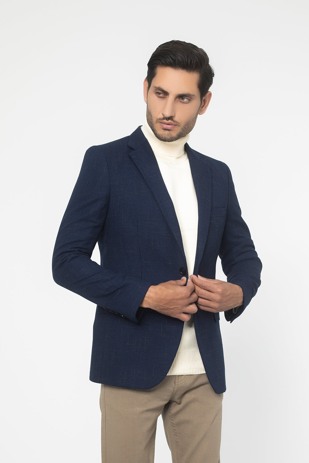 BLUE TEXTURED REGULAR FIT WOOL RICH HERRINGBONE BLAZZER