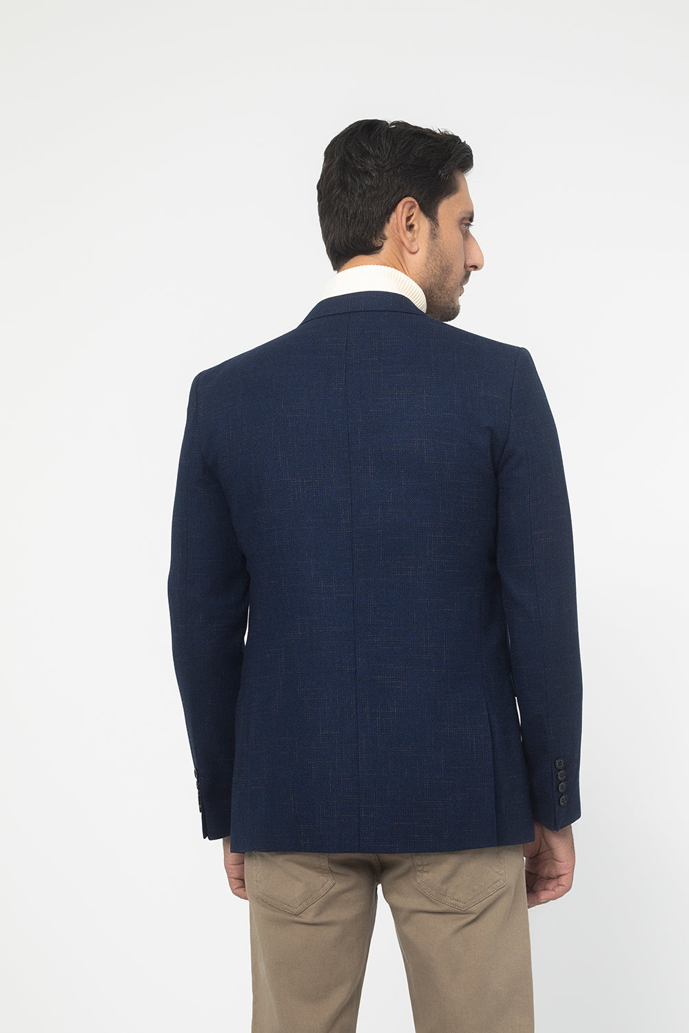 BLUE TEXTURED REGULAR FIT WOOL RICH HERRINGBONE BLAZZER