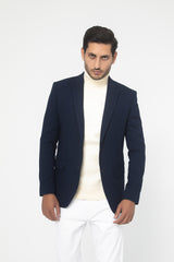 BLUE REGULAR FIT WOOL RICH HERRINGBONE BLAZZER