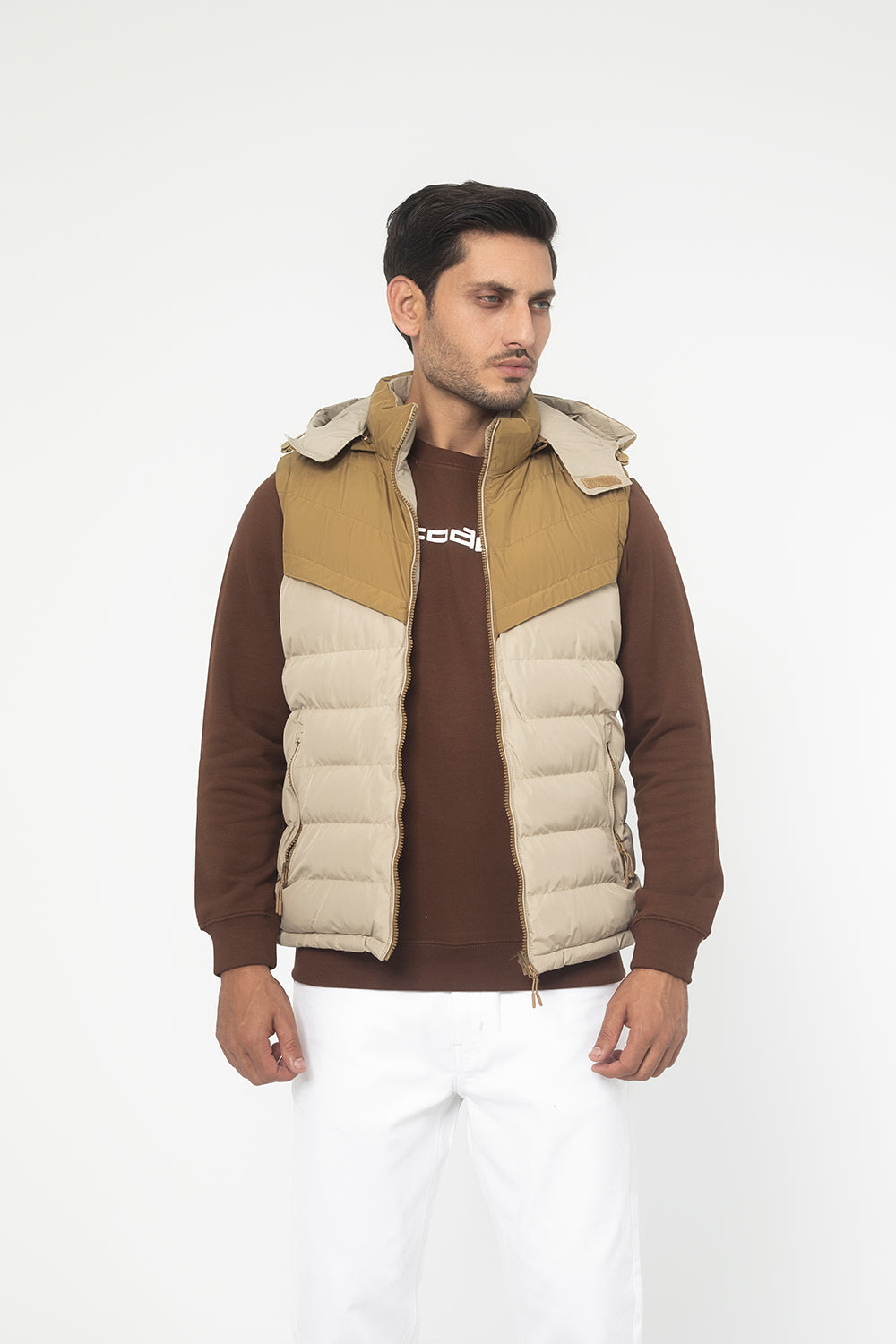 KHAKI SLEEVELESS HOODED PUFFER JACKET