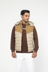 KHAKI SLEEVELESS HOODED PUFFER JACKET