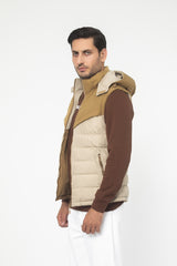 KHAKI SLEEVELESS HOODED PUFFER JACKET