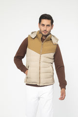 KHAKI SLEEVELESS HOODED PUFFER JACKET