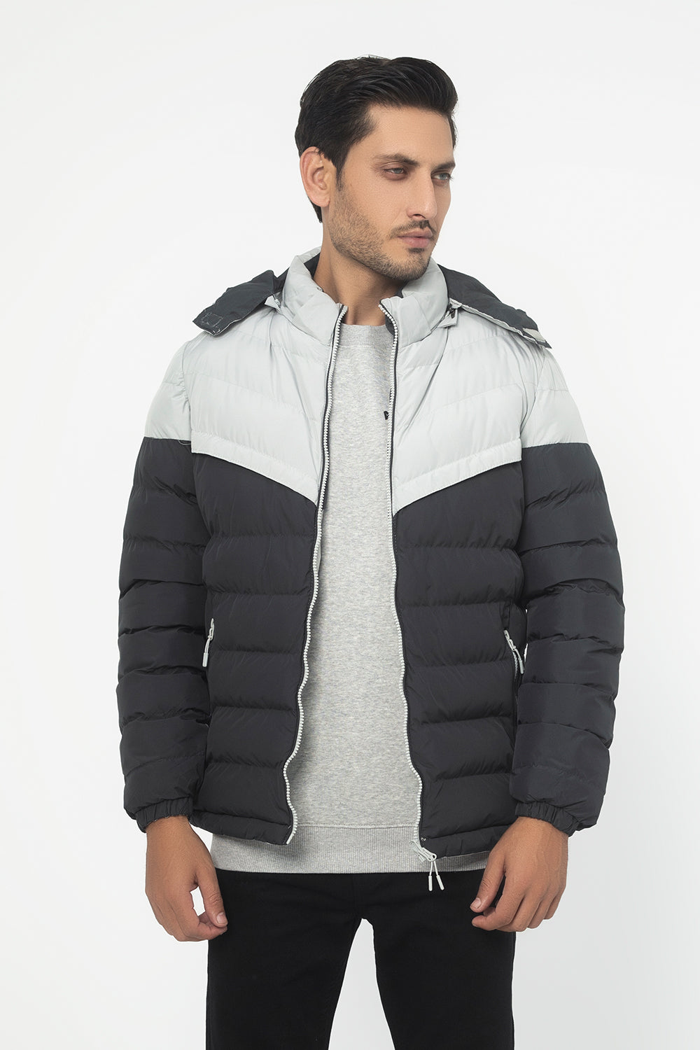 L-GRAY DOUBLE SIDED HOODED PUFFER JACKET