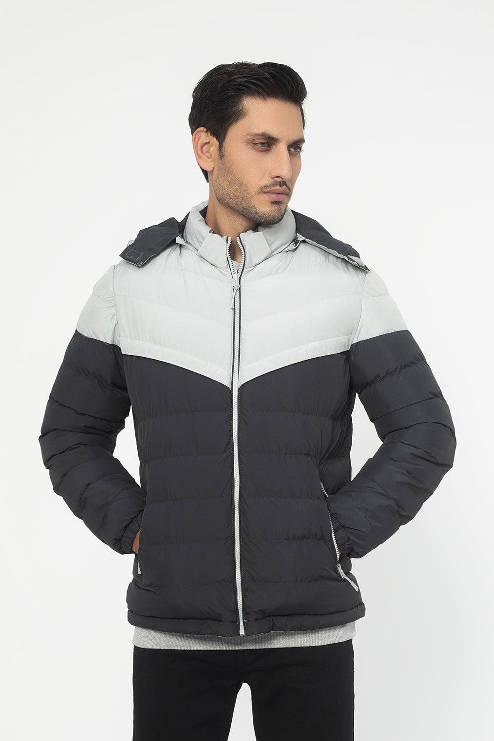 L-GRAY DOUBLE SIDED HOODED PUFFER JACKET